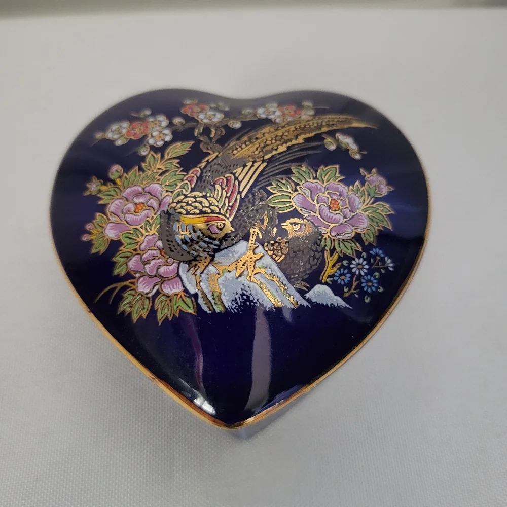 Vintage Dark Blue Porcelain Heart Shaped Trinket Box Japan